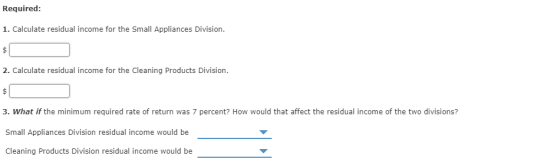 Required: 1. Calculate residual income for the Small Appliances Division. $ 2. Calculate residual income for the Cleaning Pro