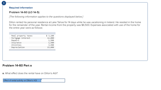 Required information Problem 14-60 (LO 14-5) The following information applies to the questions displayed below.] Dillon rented his personal residence at Lake Tahoe for 14 days while he was vacationing in Ireland. He resided in the home for the remainder of the year. Rental income from the property was $6,500. Expenses associated with use of the home for the entire year were as follows: Real property taxes Mortgage interest Repairs Insurance Utilities Depreciation $ 3,100 12,000 1,500 1,500 3,900 13,000 Problem 14-60 Part a a. What effect does the rental have on Dillons AGI? Effect of rental activity on Dillons AGI