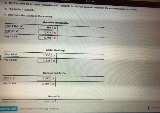 Print Item a. The Taccount for Accounts Receivable and Taccounts for the four accounts needed in the customer ledger are belo