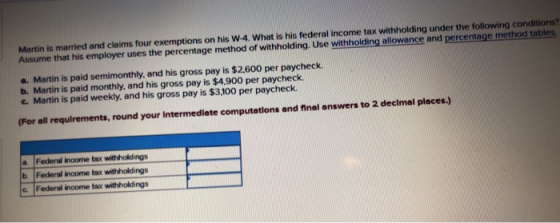 Martin is married and claims four exemptions on his W-4. What is his federal income tax withholding under the following condi