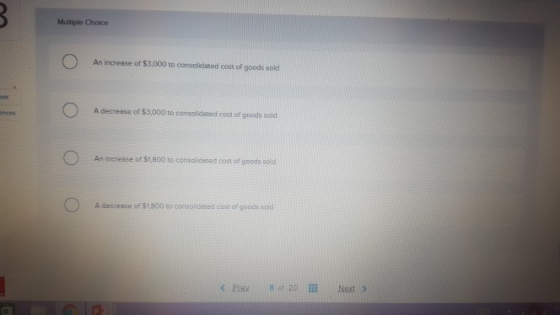 Multiple Choice An increase of $3,000 to consolidated cost of goods sold Dok A decrease of $3,000 to consolidated cost of goo