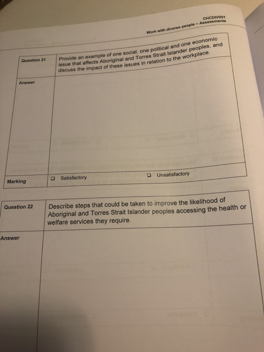 CHCDIV001 Work with diverse people - Assessme Question 21 Provide an example of one socialne political and one economic ssue