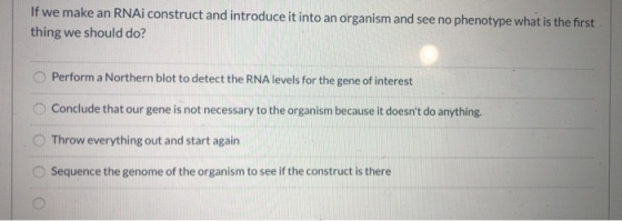If we make an RNAi construct and introduce it into an organism and see no phenotype what is the first thing we should do? Per