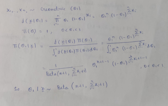 X..., Xn; ~ Geometric (oil f( 2 10.1 = tha choji - On (1-0) SX TI (0) = 1, OLOKI ore Ti (Oila - f(x101) IT (6) on (l-au &xi J