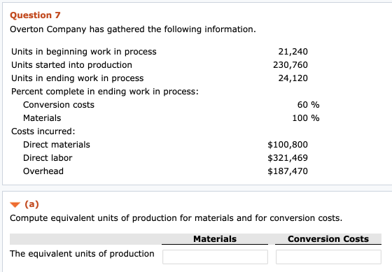 Question 7 Overton Company has gathered the following information. 21,240 230,760 24,120 Units in beginning work in process U