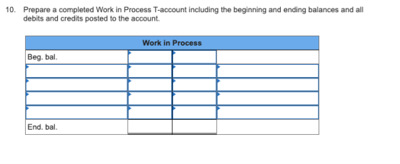 10. Prepare a completed Work in Process T-account including the beginning and ending balances and all debits and credits post
