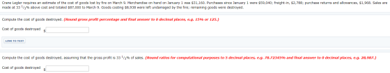 Crane Legler requires an estimate of the cost of goods lost by fire on March 9. Merchandise on hand on January 1 was $31,160.