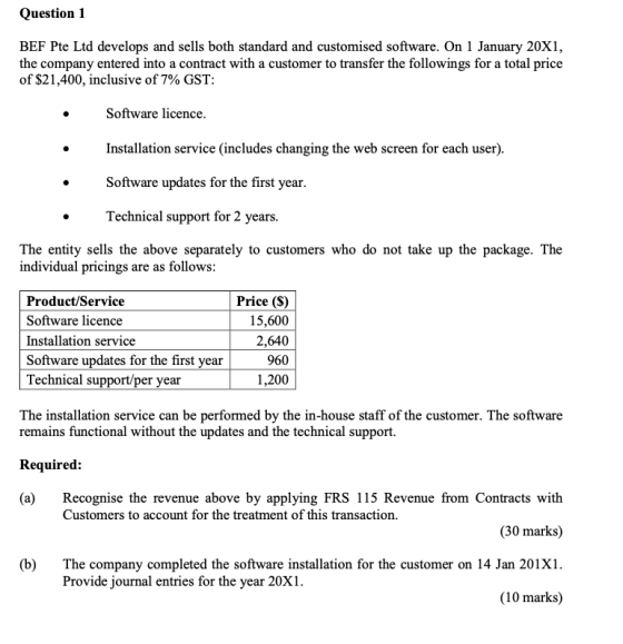Question 1 BEF Pte Ltd develops and sells both standard and customised software. On 1 January 20X1, the company entered into