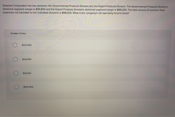 Dukelow Corporation has two divisions: the Governmental Products Division and the Export Products Division. The Governmental