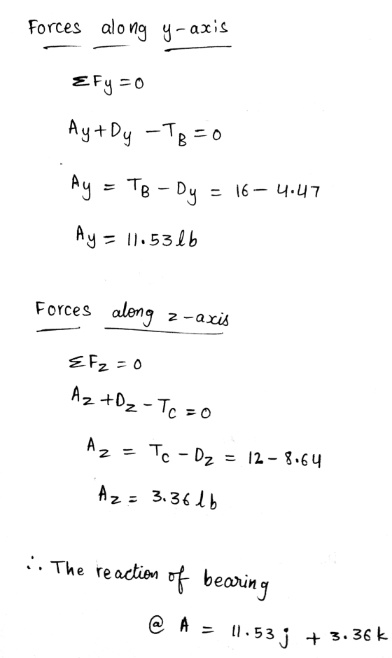 Forces along y -axis E Fy = 0 Ay+ Oy -TB= Ay Тв – Dy - 16 - 4.47 Ay = 11.5316 Forces along z-axis EFz=0 Az +Dz - TC =0 Az N T