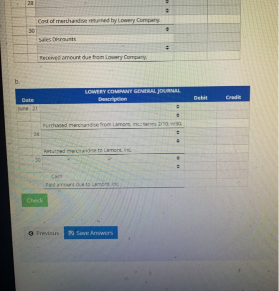 28 Cost of merchandise returned by Lowery Company. Sales Discounts Received amount due from Lowery Company. LOWERY COMPANY GE