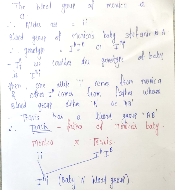 1. The blood group of monica es - Alleles are li Blood group of Monicas baby stefanie is A. 2. genotype J^7 Or I A - If we