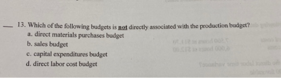 13. Which of the following budgets is not directly associated with the production budget? a. direct materials purchases budge