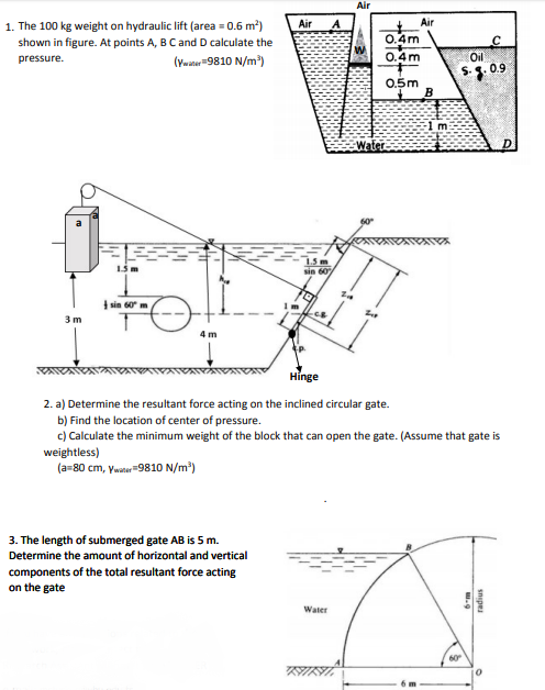1. The 100 kg weight on hydraulic lift (area = 0.6 m²) shown in figure. At points A, B C and D calculate the pressure. (Ywate