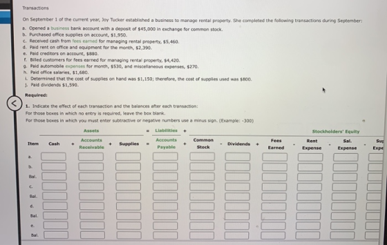 Transactions On September 1 of the current year, Joy Tucker established a business to manage rental property. She completed t