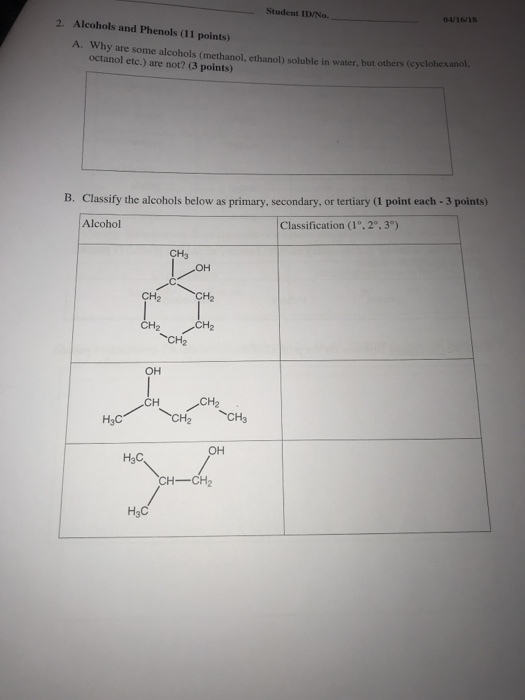 Student ID/No. 2. Alcohols and Phenols (11 points) 04/1618 A. Why are some alcohols (methanol, ethanol) soluble in water, but others (cyclohexanol. octanol etc.) are not? (3 points) B. Classify the alcohols below as primary, secondary, or tertiary (1 point each -3 points) Alcohol Classification (1°.2°.3) CH3 CH2 ?? CH2 H3C ?? ??? CH CH2 ??