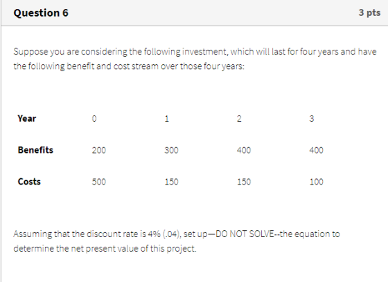 Question 6 3 pts Suppose you are considering the following investment, which will last for four years and have the following