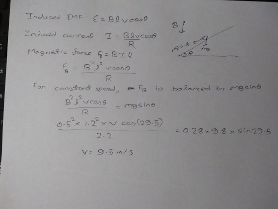 Induced EMF {= Blveaso 3 31 9 다. mesino mo Induced current I=Blucoso R Magnetic force F = Bil 2 2 cono R for constant speed,