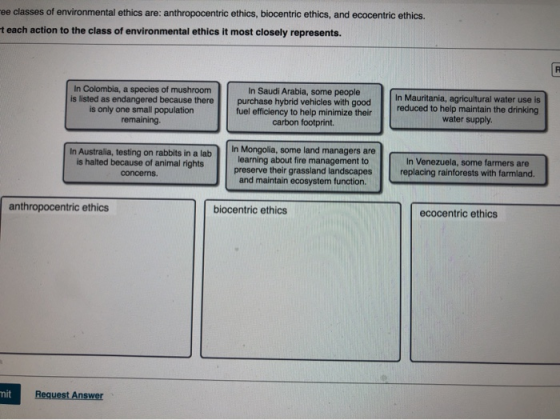 pe classes of environmental ethics are: anthropocentric ethics, biocentric ethics, and ecocentric ethics. each action to the