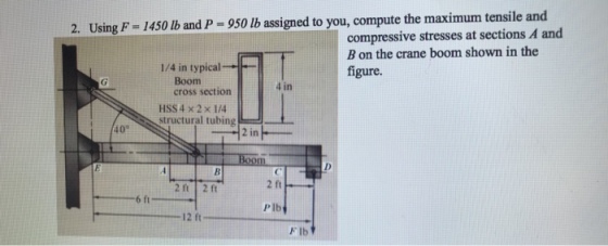2. Using F-1450 Ib and P- 950 lb assigned to you, compute the maximum tensile and compressive stresses at sections A and B on the crane boom shown in the figure. 1/4 in typical Boom 4 in cross section HSS 4 × 2x1/4 structural tubing 40° 2 in 2 ft 2 ft 2 ft 6 ft P lb 12 ft