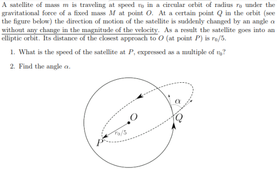 A satellite of mass m is traveling at speed vo in a circular orbit of radius ro under the gravitational force of a fixed mass M at point O. At a certain point Q in the orbit (see the figure below) the direction of motion of the satellite is suddenly changed by an angle α without any change in the magnitude of the velocity. As a result the satellite goes into an elliptic orbit. Its distance of the closest approach to O (at point P) is ro/5. 1. What is the speed of the satellite at P, expressed as a multiple of v? 2. Find the angle a. 个015