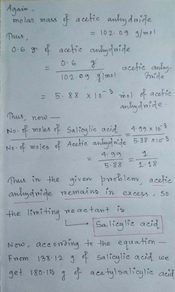Again molan mass & a cetie anhydnide = 102. 09 3 mo Trus, 06 acetie anlydnide 0.6 acctie anlg Fraide 102.09 91mo] m) of aceti