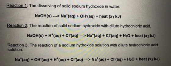 Reaction 1: The dissolving of solid sodium hydroxide in water. NaOH(s) ---> Nat(aq) + OH(aq) + heat (x1 kJ) Reaction 2: The