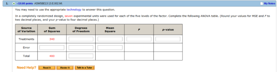 1, + -/16.66 points ASWSBE13 13E002.MI. My Notes You may need to use the appropriate technology to answer this question. In a completely randomized design, seven experimental units were used for each of the five levels of the factor. Complete the following ANOvA table. (Round your values for MSE and Fto two decimal places, and your p-value to fou r decimal places.) Source of Variation Sum of Squares Degrees of Freedom Mean Square p-value Treatments 340 Total 480 Need Help? ReadItMastr ItTalk to a Tutor Master It