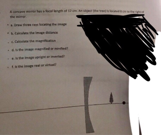 A concave mirror has a focal length of 12 cm. An object (the tree) is located 8 cm to the right of the mirror . a. Draw three