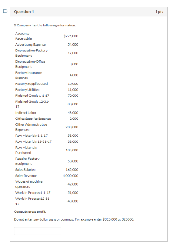 D Question 4 1 pts X Company has the following information: $275,000 54,000 17,000 3,000 Accounts Receivable Advertising Expe