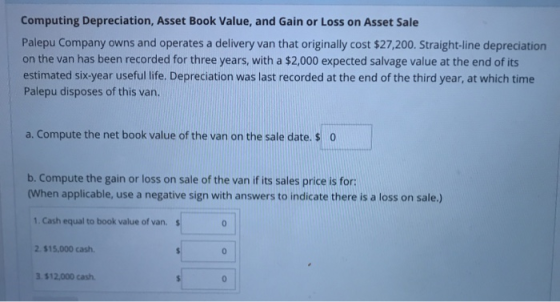 Computing Depreciation, Asset Book Value, and Gain or Loss on Asset Sale Palepu Company owns and operates a delivery van that originally cost $27,200. Straight-line depreciation on the van has been recorded for three years, with a $2,000 expected salvage value at the end of its estimated six-year useful life. Depreciation was last recorded at the end of the third year, at which time Palepu disposes of this van. a. Compute the net book value of the van on the sale date s o b. Compute the gain or loss on sale of the van if its sales price is for: (When applicable, use a negative sign with answers to indicate there is a loss on sale.) 1. Cash equal to book value of van. 2$15,000 cash $12,000 cash.