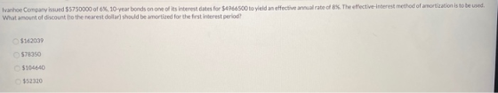Ivanhoe Company issued $5750000 of 6%, 10-year bonds on one of its interest dates for $4966500 to yield an effective annual r
