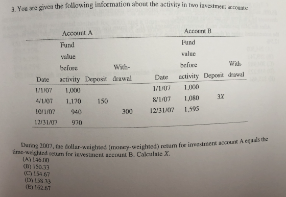 the following information about the activity in two investment accounts: 3. You are given the following information about the
