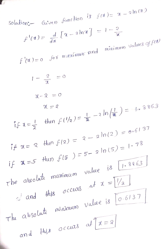 fea)= a-alocal is Given function utions - f(X)= + [a - a Ina] = 1-2 for maximum and minimum values of Fed) (a)=0 H-2 = 0 x=a