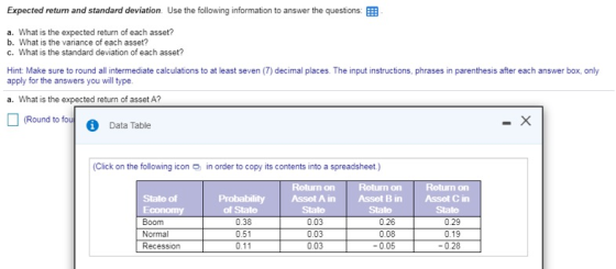 Expected return and standard deviation. Use the following information to answer the questions: a. What is the expected return