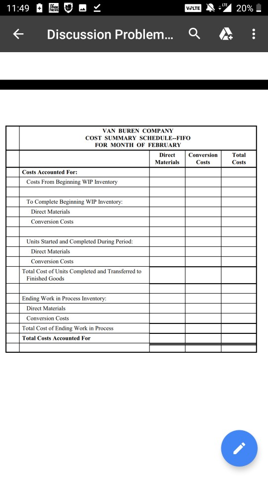 11:49 LOV VOLTE 12. + Discussion Problem... a A 20% : VAN BUREN COMPANY COST SUMMARY SCHEDULE--FIFO FOR MONTH OF FEBRUARY Dir
