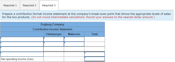 Required 1 Required 2 Required 3 Prepare a contribution format income statement at the companys break-even point that shows