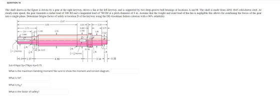 QUESTION 10 The shaft shown in the figure is driven by a gear at the right keyway, drives a fan at the left keyway, and is su