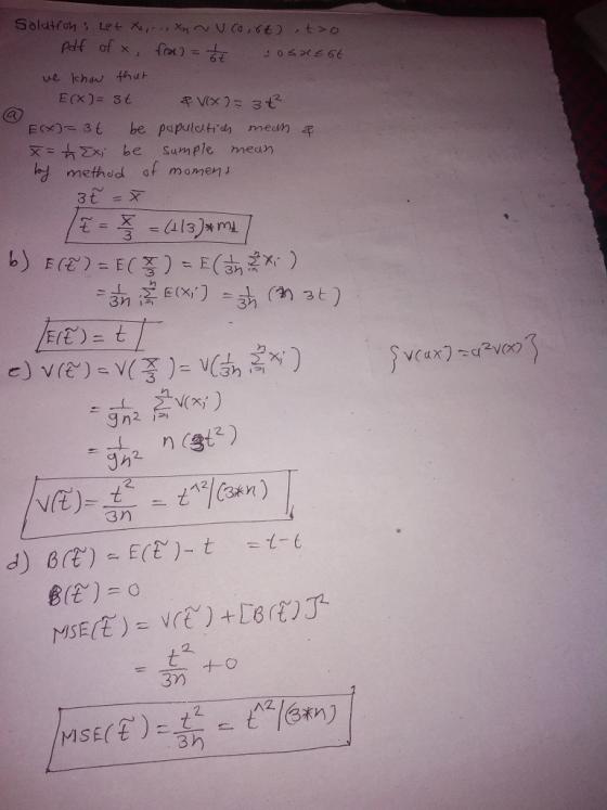 Solution : Let X,... xy Nucourt t o pdf of x, fror] =+ osuzot ve khow that E(X)= 3t & Vx ) = 34² E(X)= 3t be population mean