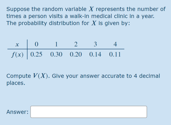 Suppose the random variable X represents the number of times a person visits a walk-in medical clinic in a year. The probabil