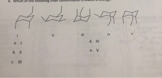 6. Which of the following chair Conturul is Uwest ili entis! IV a. 1 d. IV b. II e. V c. III