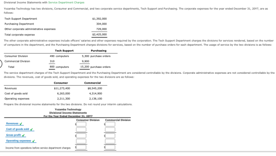 Divisional Income Statements with Service Department Charges Yozamba Technology has two divisions, Consumer and Commercial, a