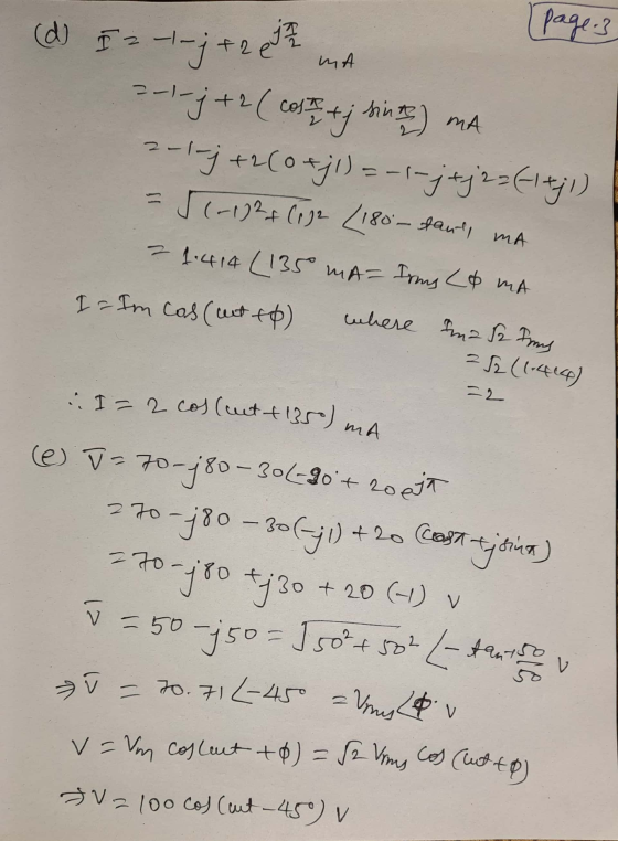 I = 2 cos(ut + 1350 mA v=vm collect +0=12 Vans Cos (cut to ina page.3 (d) I = -1 -j + 2 2-1-j+2 ( costs tj sine) mA 2-1-j+2