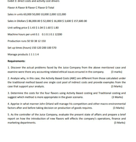 Exibit 3: direct costs and activity cost drivers Flavor A Flavor B Flavor C Flavor D Total Sales in units 60,000 50,000 10,00