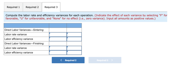 Required 1 Required 2 Required 3 Compute the labor rate and efficiency variances for each operation. (Indicate the effect of