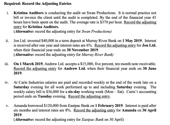Required: Record the Adjusting Entries i. Kristina Auditors is conducting the audit on Swan Productions. It is normal practic