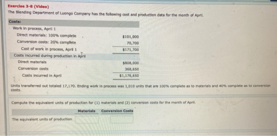 Exercise 3-8 (Video) The Blending Department of Luongo Company has the following cost and production data for the month of Ap