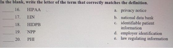 In the blank, write the letter of the term that correctly matches the definition. 16. HIPAA privacy notice a. 17. EIN b. nati