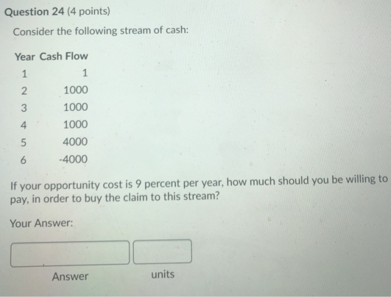 Question 24 (4 points) Consider the following stream of cash: Year Cash Flow a uewn 1000 1000 1000 4000 -4000 If your opportu