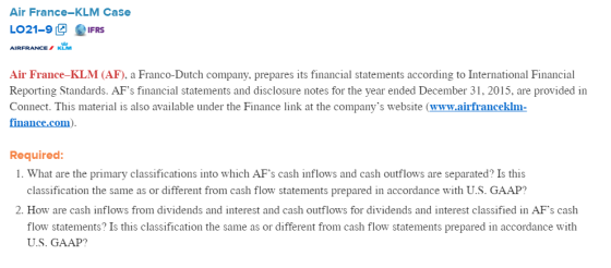 Air France-KLM Case LO21-9 @皇IFRS AIRFRANCE KLM Air France-KLM (AF), a Franco-Dutch company, prepares its financial statements according to International Financial Reporting Standards. AFs financial statements and disclosure notes for the year ended December 31, 2015, are provided in Connect. This material is also available under the Finance link at the companys website (www.airfranceklm- finance.com) Required 1. What are the primary classifications into which AFs cash inflows and cash outflows are separated? Is this classification the same as or different from cash flow statements prepared in accordance with U.S. GAAP? 2. How are cash inflows from dividends and interest and cash outflows for dividends and interest classified in AFs cash flow statements? Is this classification the same as or different from cash flow statements prepared in accordance with U.S. GAAP?